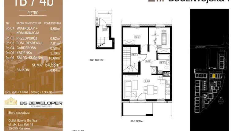 Rzut - Mieszkanie na sprzedaż 3 pokoje o powierzchni 54,53 m² - numer 1B/4b w Budziwojska 3