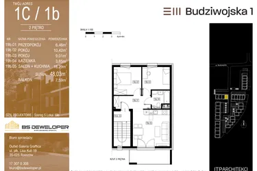 Rzut - Mieszkanie na sprzedaż 3 pokoje o powierzchni 48,03 m² - numer 1C/1b w Budziwojska 3