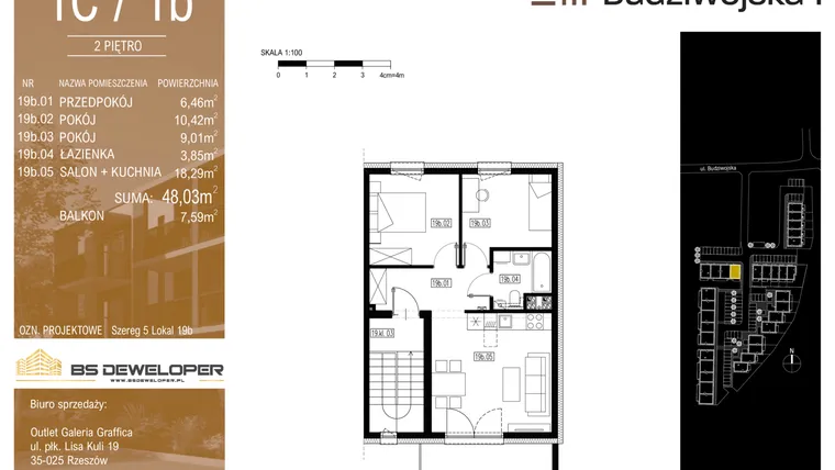 Rzut - Mieszkanie na sprzedaż 3 pokoje o powierzchni 48,03 m² - numer 1C/1b w Budziwojska 3