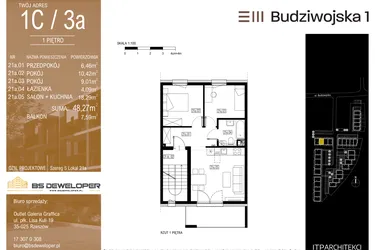 Rzut - Mieszkanie na sprzedaż 3 pokoje o powierzchni 48,27 m² - numer 1C/3a w Budziwojska 3