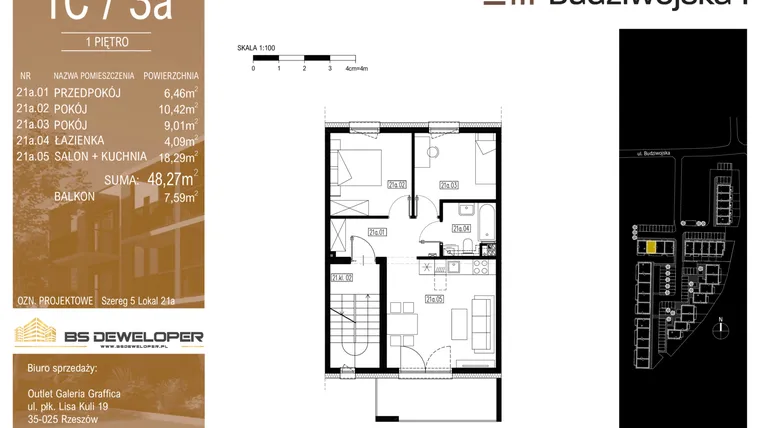 Rzut - Mieszkanie na sprzedaż 3 pokoje o powierzchni 48,27 m² - numer 1C/3a w Budziwojska 3