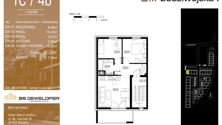 Rzut - Mieszkanie na sprzedaż 3 pokoje o powierzchni 48,03 m² - numer 1C/4b w Budziwojska 3