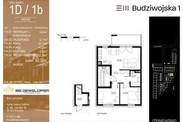 Rzut - Mieszkanie na sprzedaż 3 pokoje o powierzchni 62,52 m² - numer 1D/1b w Budziwojska 3
