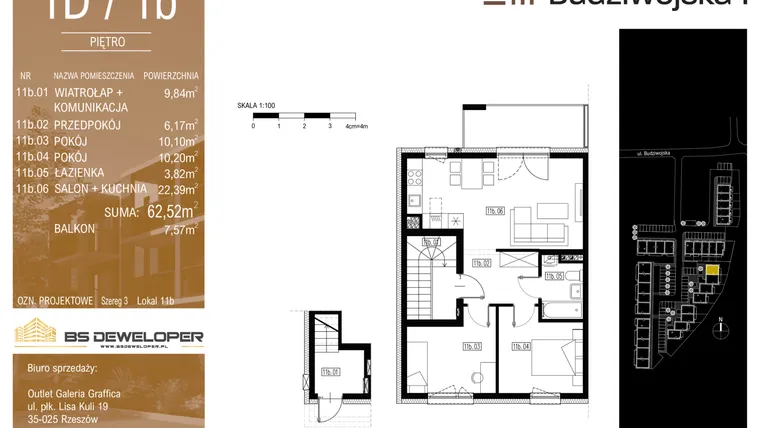 Rzut - Mieszkanie na sprzedaż 3 pokoje o powierzchni 62,52 m² - numer 1D/1b w Budziwojska 3