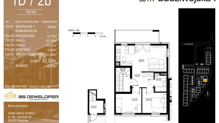 Rzut - Mieszkanie na sprzedaż 3 pokoje o powierzchni 62,52 m² - numer 1D/2b w Budziwojska 3