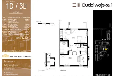 Rzut - Mieszkanie na sprzedaż 3 pokoje o powierzchni 62,52 m² - numer 1D/3b w Budziwojska 3