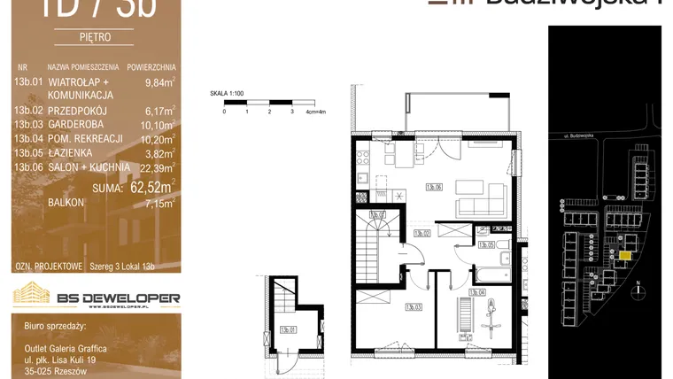 Rzut - Mieszkanie na sprzedaż 3 pokoje o powierzchni 62,52 m² - numer 1D/3b w Budziwojska 3