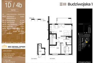 Rzut - Mieszkanie na sprzedaż 3 pokoje o powierzchni 62,52 m² - numer 1D/4b w Budziwojska 3