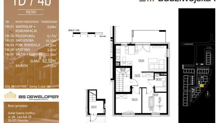 Rzut - Mieszkanie na sprzedaż 3 pokoje o powierzchni 62,52 m² - numer 1D/4b w Budziwojska 3