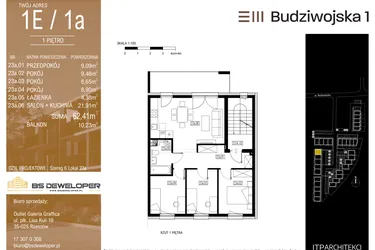 Rzut - Mieszkanie na sprzedaż 4 pokoje o powierzchni 62,41 m² - numer 1E/1a w Budziwojska 3