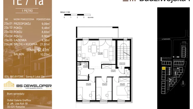 Rzut - Mieszkanie na sprzedaż 4 pokoje o powierzchni 62,41 m² - numer 1E/1a w Budziwojska 3