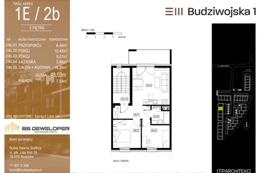 Rzut - Mieszkanie na sprzedaż 3 pokoje o powierzchni 48,03 m² - numer 1E/2b w Budziwojska 3
