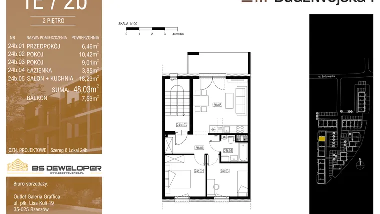 Rzut - Mieszkanie na sprzedaż 3 pokoje o powierzchni 48,03 m² - numer 1E/2b w Budziwojska 3