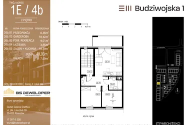 Rzut - Mieszkanie na sprzedaż 3 pokoje o powierzchni 48,03 m² - numer 1E/4b w Budziwojska 3