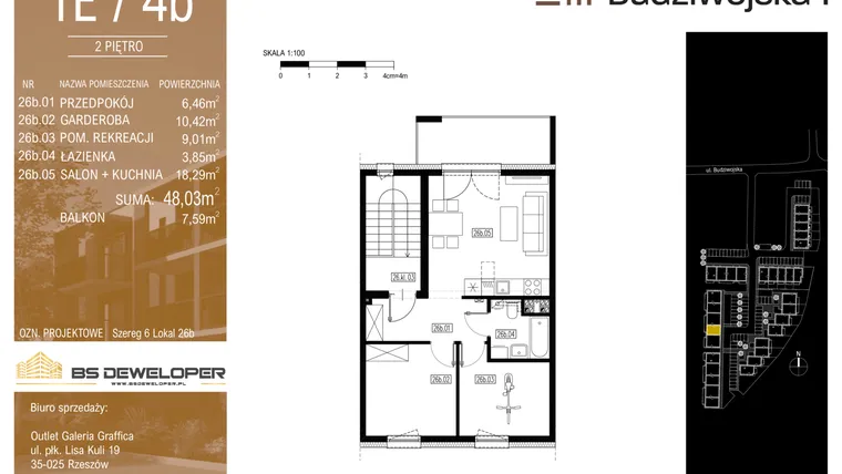 Rzut - Mieszkanie na sprzedaż 3 pokoje o powierzchni 48,03 m² - numer 1E/4b w Budziwojska 3