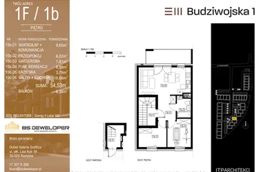 Rzut - Mieszkanie na sprzedaż 3 pokoje o powierzchni 54,53 m² - numer 1F/1b w Budziwojska 3