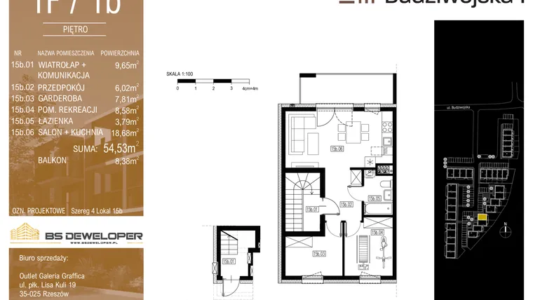 Rzut - Mieszkanie na sprzedaż 3 pokoje o powierzchni 54,53 m² - numer 1F/1b w Budziwojska 3