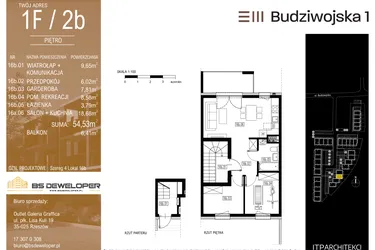 Rzut - Mieszkanie na sprzedaż 3 pokoje o powierzchni 54,53 m² - numer 1F/2b w Budziwojska 3