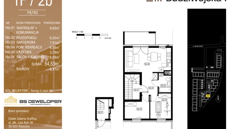 Rzut - Mieszkanie na sprzedaż 3 pokoje o powierzchni 54,53 m² - numer 1F/2b w Budziwojska 3