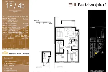 Rzut - Mieszkanie na sprzedaż 3 pokoje o powierzchni 53,96 m² - numer 1F/4b w Budziwojska 3