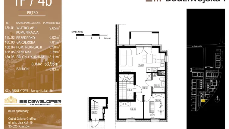 Rzut - Mieszkanie na sprzedaż 3 pokoje o powierzchni 53,96 m² - numer 1F/4b w Budziwojska 3