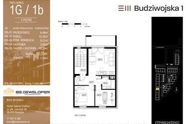 Rzut - Mieszkanie na sprzedaż 3 pokoje o powierzchni 48,03 m² - numer 1G/1b w Budziwojska 3
