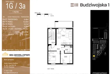 Rzut - Mieszkanie na sprzedaż 3 pokoje o powierzchni 48,27 m² - numer 1G/3a w Budziwojska 3