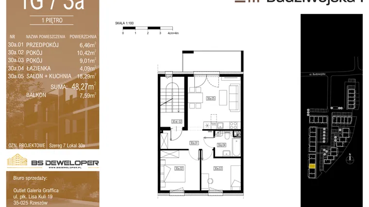 Rzut - Mieszkanie na sprzedaż 3 pokoje o powierzchni 48,27 m² - numer 1G/3a w Budziwojska 3