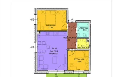 Rzut - Mieszkanie na sprzedaż 3 pokoje o powierzchni 56,88 m² - numer A2 w Osiedle Zuchów