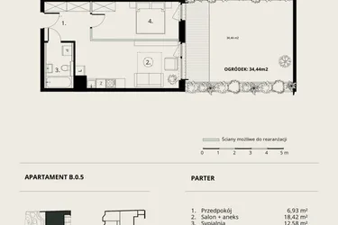 Rzut - Mieszkanie na sprzedaż 2 pokoje o powierzchni 43,07 m² - numer B/0/5 w Ogrodowa 12