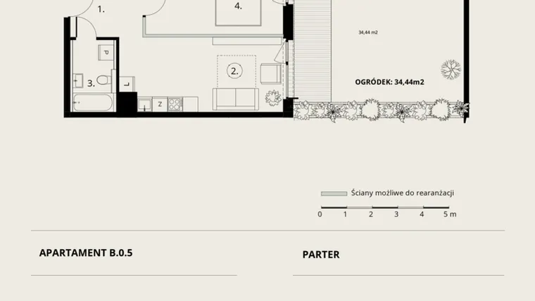 Rzut - Mieszkanie na sprzedaż 2 pokoje o powierzchni 43,07 m² - numer B/0/5 w Ogrodowa 12