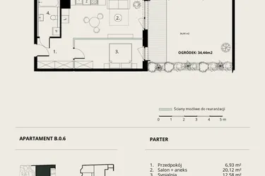 Rzut - Mieszkanie na sprzedaż 2 pokoje o powierzchni 45,23 m² - numer B/0/6 w Ogrodowa 12