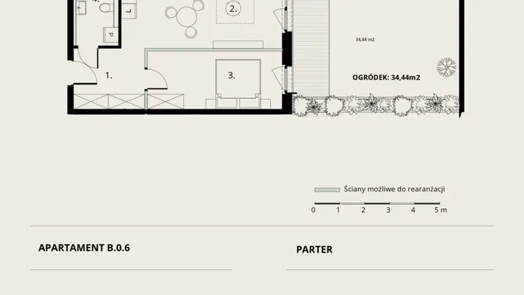 Rzut - Mieszkanie na sprzedaż 2 pokoje o powierzchni 45,23 m² - numer B/0/6 w Ogrodowa 12