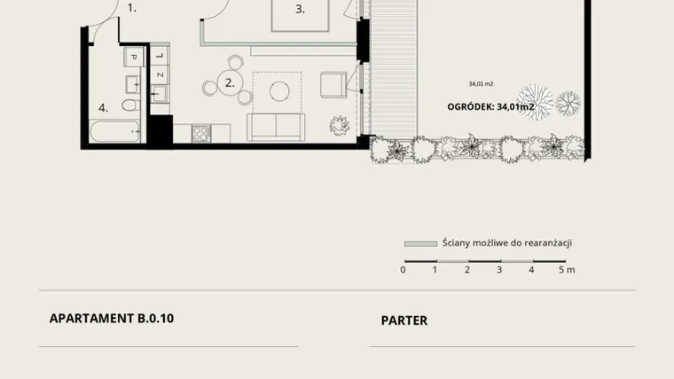 Rzut - Mieszkanie na sprzedaż 2 pokoje o powierzchni 43,81 m² - numer B/0/10 w Ogrodowa 12