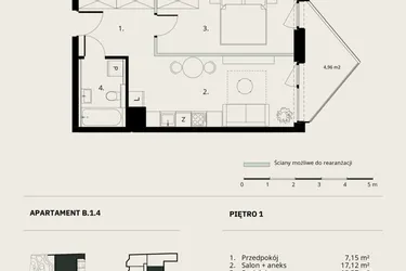 Rzut - Mieszkanie na sprzedaż 2 pokoje o powierzchni 41,44 m² - numer B/1/4 w Ogrodowa 12