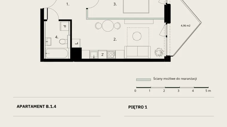 Rzut - Mieszkanie na sprzedaż 2 pokoje o powierzchni 41,44 m² - numer B/1/4 w Ogrodowa 12