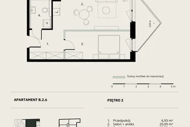 Rzut - Mieszkanie na sprzedaż 2 pokoje o powierzchni 45,26 m² - numer B/2/6 w Ogrodowa 12