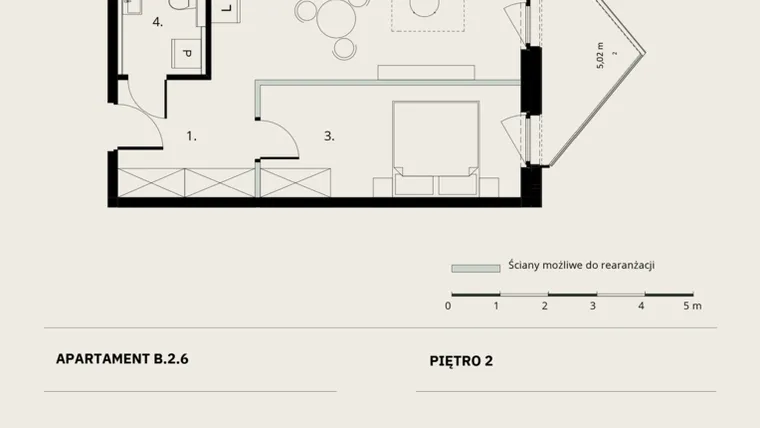Rzut - Mieszkanie na sprzedaż 2 pokoje o powierzchni 45,26 m² - numer B/2/6 w Ogrodowa 12