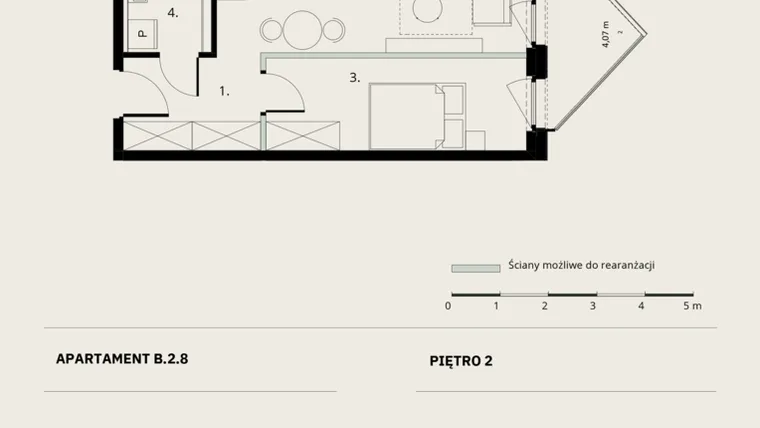 Rzut - Mieszkanie na sprzedaż 2 pokoje o powierzchni 36,43 m² - numer B/2/8 w Ogrodowa 12