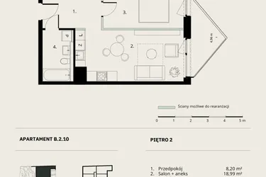 Rzut - Mieszkanie na sprzedaż 2 pokoje o powierzchni 43,84 m² - numer B/2/10 w Ogrodowa 12