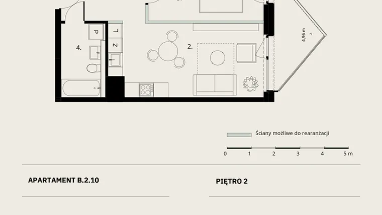 Rzut - Mieszkanie na sprzedaż 2 pokoje o powierzchni 43,84 m² - numer B/2/10 w Ogrodowa 12