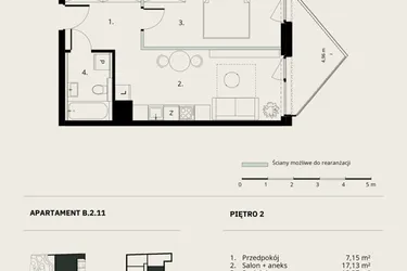 Rzut - Mieszkanie na sprzedaż 2 pokoje o powierzchni 41,45 m² - numer B/2/11 w Ogrodowa 12