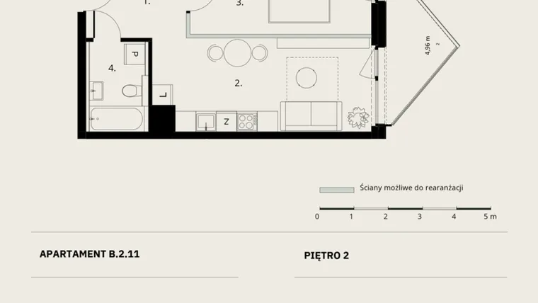 Rzut - Mieszkanie na sprzedaż 2 pokoje o powierzchni 41,45 m² - numer B/2/11 w Ogrodowa 12