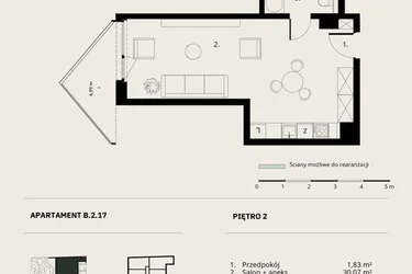 Rzut - Mieszkanie na sprzedaż 1 pokój o powierzchni 36,69 m² - numer B/2/17 w Ogrodowa 12