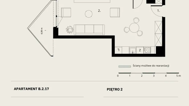 Rzut - Mieszkanie na sprzedaż 1 pokój o powierzchni 36,69 m² - numer B/2/17 w Ogrodowa 12