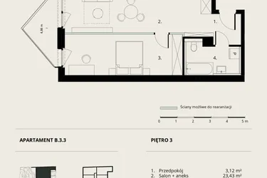 Rzut - Mieszkanie na sprzedaż 2 pokoje o powierzchni 49,33 m² - numer B/3/3 w Ogrodowa 12