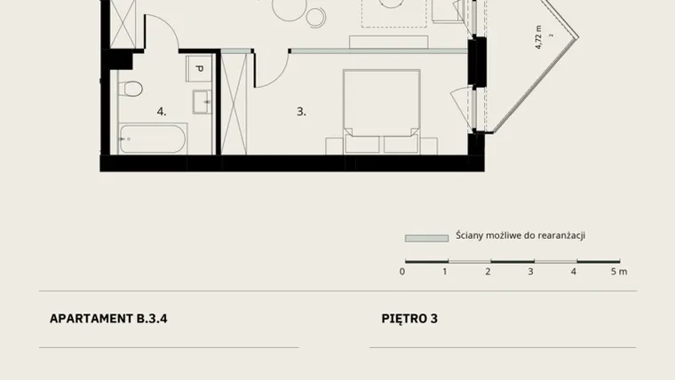 Rzut - Mieszkanie na sprzedaż 2 pokoje o powierzchni 41,59 m² - numer B/3/4 w Ogrodowa 12