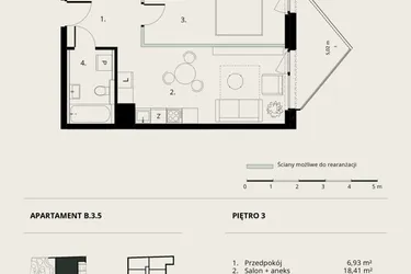 Rzut - Mieszkanie na sprzedaż 2 pokoje o powierzchni 43,09 m² - numer B/3/5 w Ogrodowa 12