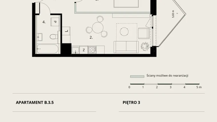 Rzut - Mieszkanie na sprzedaż 2 pokoje o powierzchni 43,09 m² - numer B/3/5 w Ogrodowa 12