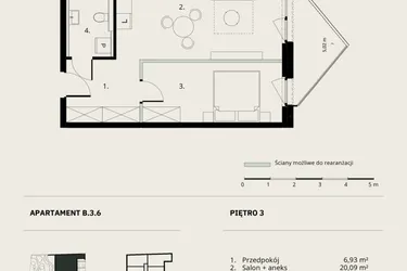 Rzut - Mieszkanie na sprzedaż 2 pokoje o powierzchni 45,26 m² - numer B/3/6 w Ogrodowa 12